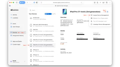 Screenshot of the Apple Business Manager devices screen. It is marked with the location for each step in the admin flow.